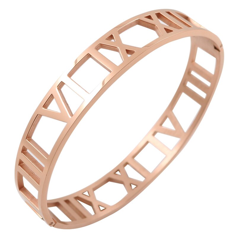 Cuff Bangles Bracelets For Woman 12MM Roman Numerals Stainless Steel Gold Plating Bangle Female Male Jewelry Wristband: Rose Color