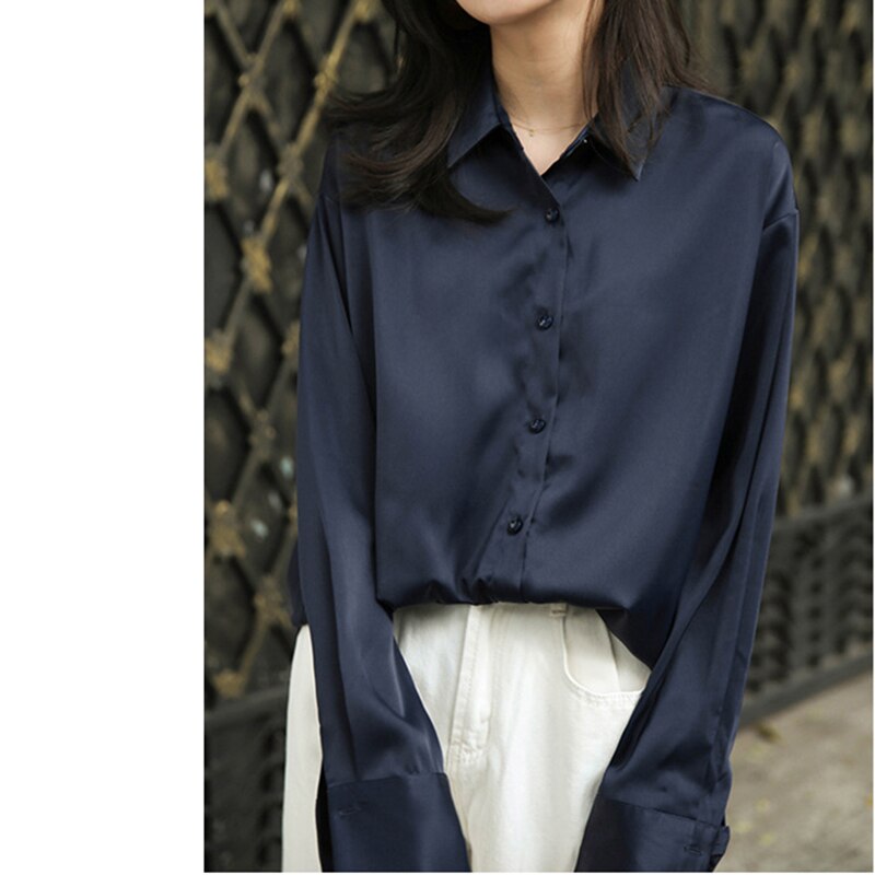 Aecu dam blusar långärmad retro turn down krage blus siden satin lös skjorta dam randig tunika plus size: Blå / S