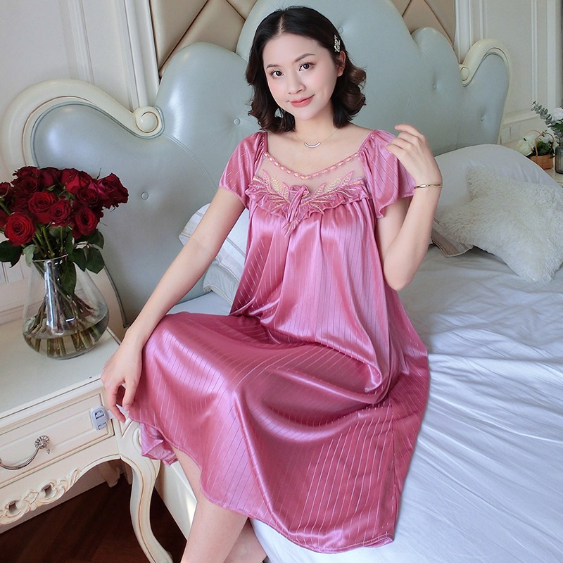 Damen Eis Seide Nachthemden Schlaf Kleid Mittel Länge Kurzarm Nachthemd sexy Nachtwäsche Hause Tragen Loungewear Schlafanzug Femme
