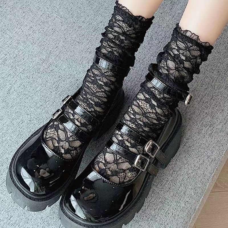 Lolita Sweet White Pile Socks para Mulheres, Mesh Fishnet, Thin Nylon Silk, Retro Flower Lace, Ladies Hollow Transparent Crew Socks: Laranja
