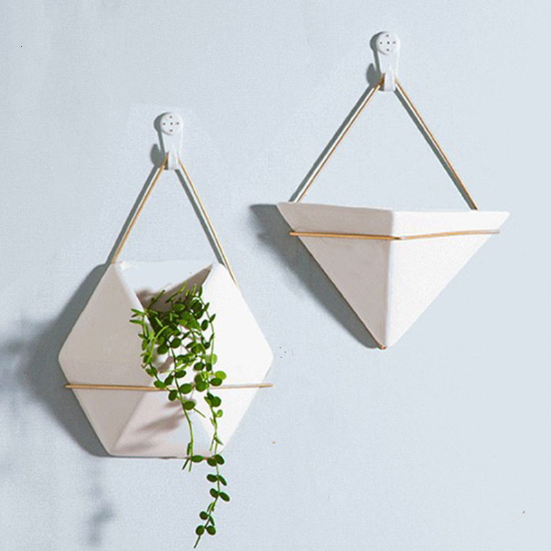 Wall-mounted flower pot Nordic wall white ceramic wrought iron green plant water culture green radish medium interior decoration