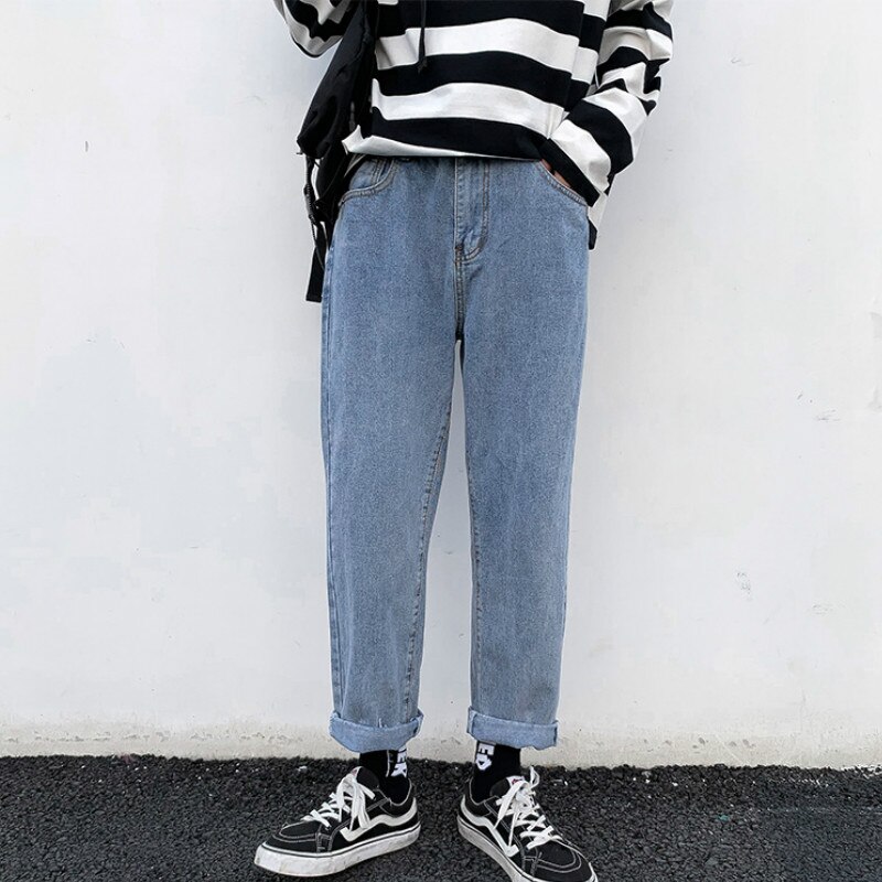 Män jeans chic retro solida vida byxor plus storlek 3xl ankellånga herr lös koreansk stil student fritid ulzzang harajuku: Xl
