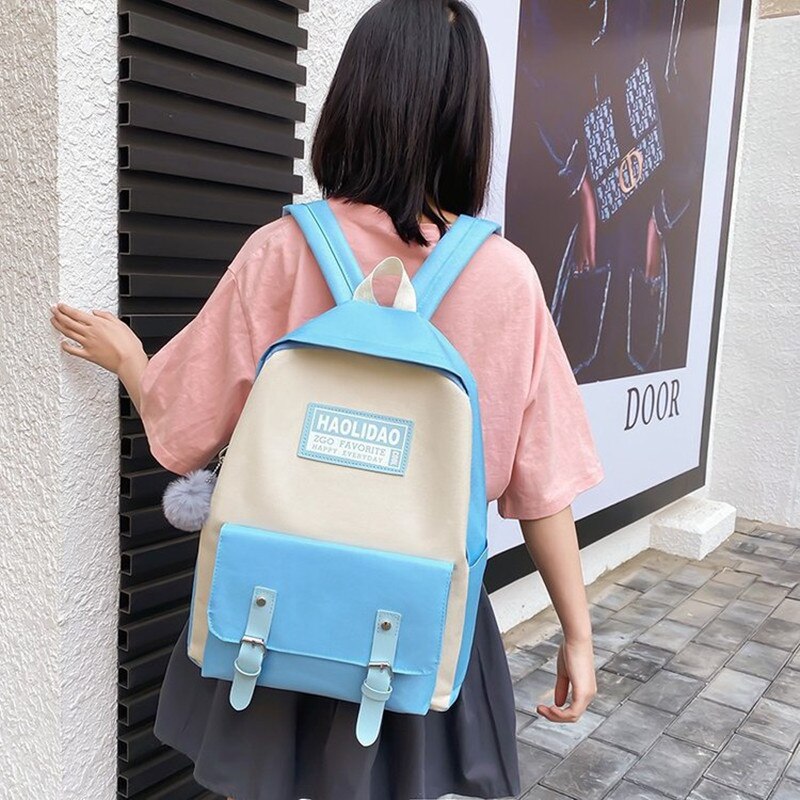 Dames canvas rugzak tiener schattige haarbal lint studenten schooltas meisjes grote capaciteit schouder reistas  b82: B176- blauw