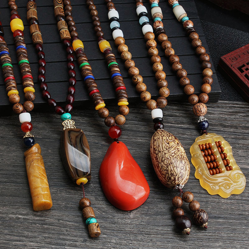 Collier unisexe fait à la main, bouddhiste du népal, pendentif de perles en bois de Mala, collier ethnique corne de poisson, Long bijoux pour hommes et femmes