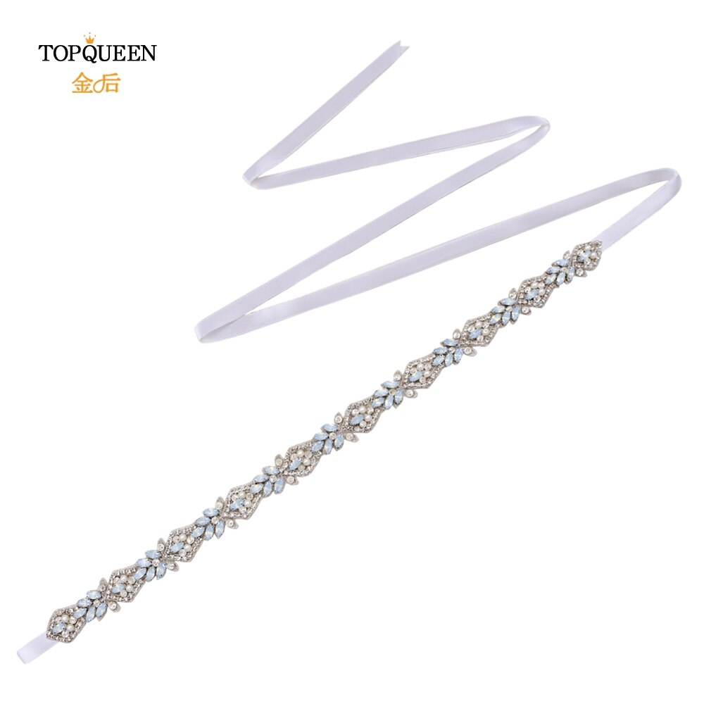 TOPQUEEN-cinturones de novia S485, apliques de cristal de para cinturones de novia, cinturón para vestido de bodas con diamantes de imitación, Ópalo: white ribbon