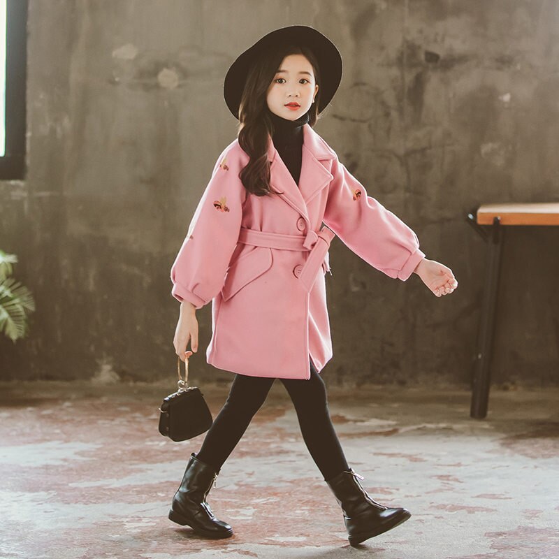 Girls Wool Long Coats with a Belt Teen Winter Coat Belted Quilted Bee Pattern Clothing For Kids Trench Coat Belt Buckles