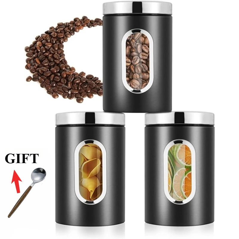 3pcs Coffee Bean Storage Containers Reusable Stainless Steel Tea Coffee Sugar Jar Portable Leakproof Food Storage Box Easy Clean