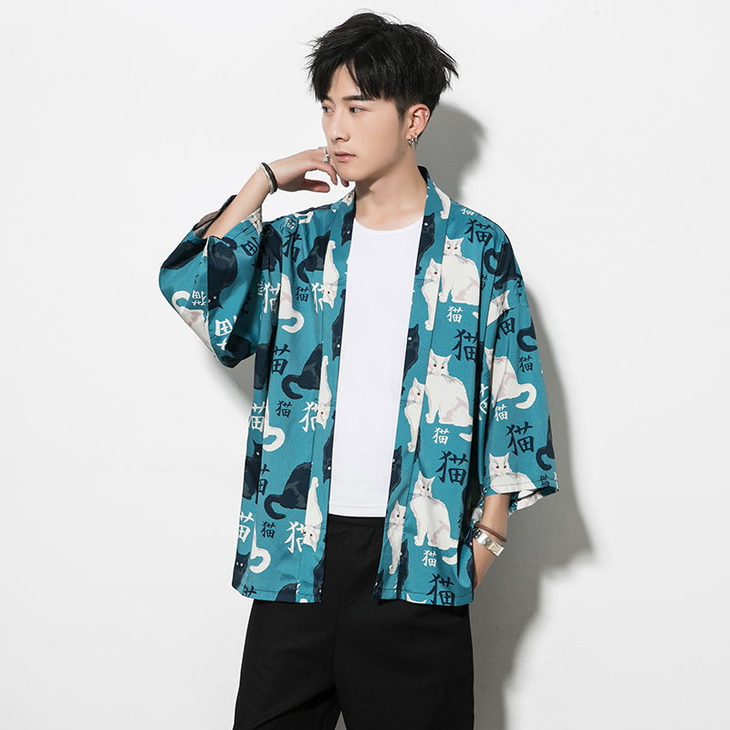 5XL Men Summer Japanese Cat Printed Cartoon Kimono Cardigan Thin Section Surplices Sunscreen Clothes Jackets Tops Coats