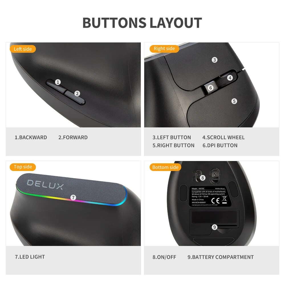 Delux m618c drahtlose ergonomische vertikale 6 Tasten Gaming-Maus USB-Empfänger rgb 1600 dpi optische Mäuse mit für PC-Laptop