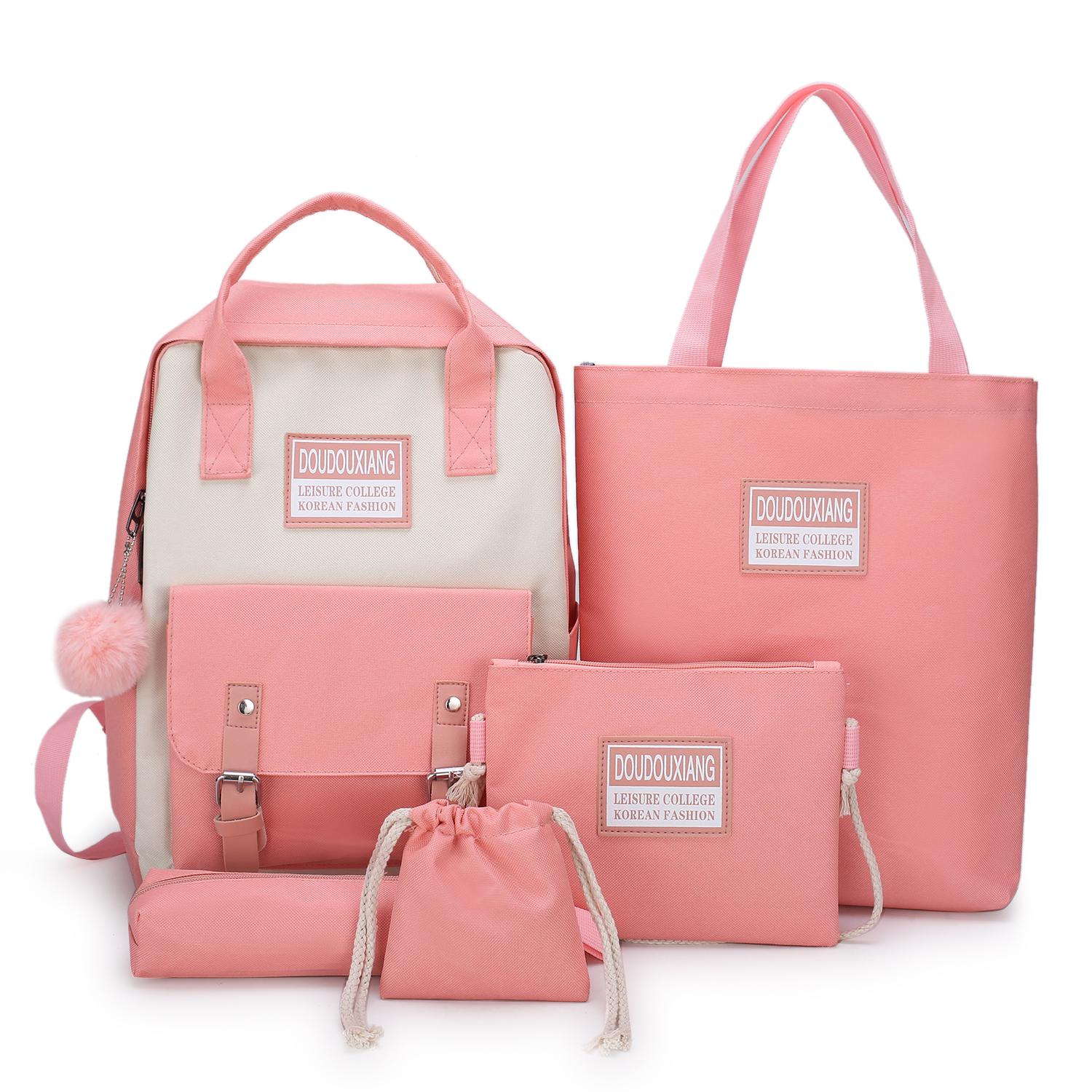 5 Piece Set High School Bags for Teenage Girls Canvas Travel Backpack Women Bookbags Teen Student Schoolbag Bolsas: Pink