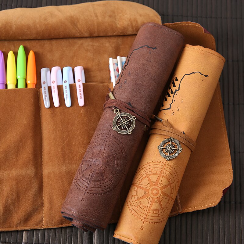 Estuche de lápices de cuero Vintage para la escuela, estuche para lápices para niños y niñas, suministros escolares