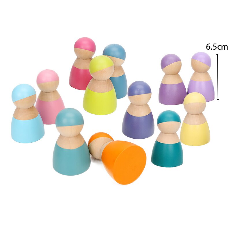 13 pièces/ensemble Montessori jouets en bois arc-en-ciel blocs amis Peg poupées corps bébé semblant jouer personnes FiguresRainbow empileur: 12pcs Macaron man