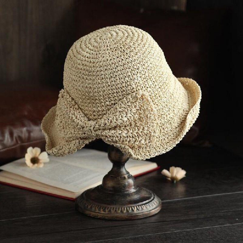 Handgemaakte 100% Raffia Boog Zonnehoed Brede Rand Floppy Zomer Hoeden Voor Vrouwen Beach Panama Stro Koepel Emmer Hoed femme Schaduw Hoed: beige