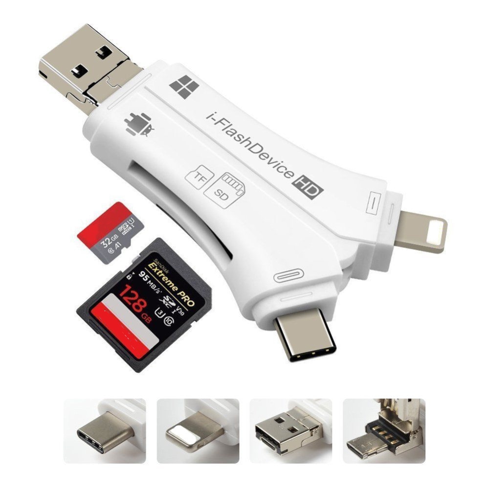 4 in 1 sd kortleser usb micro sd&tf kortleser adapter for iphone ipad mac android kamera gratis belysning og type-c utvidere