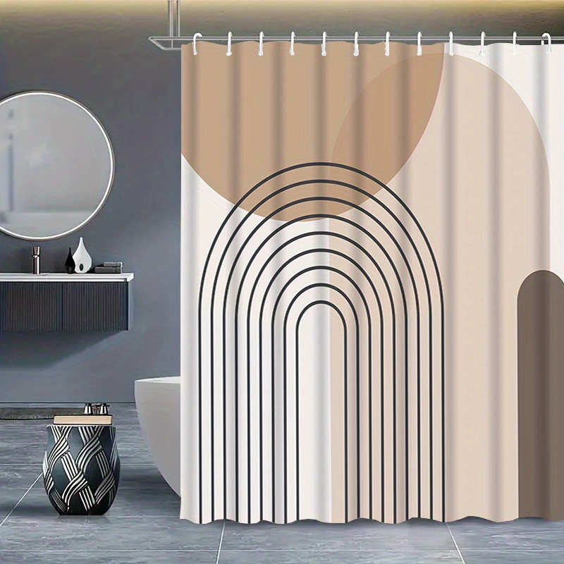 1 cortina de chuveiro com padrão geométrico simples com ganchos - divisor de banheiro de poliéster bege, marrom e branco, lavável à máquina