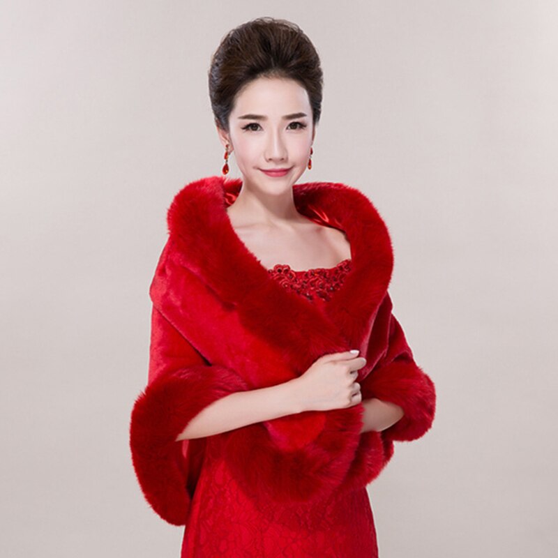 Bryllup vintersjal dame varm bolero elfenben/rød fuskepels kappe omslagsfrakk fest skuldertrekk: Rød