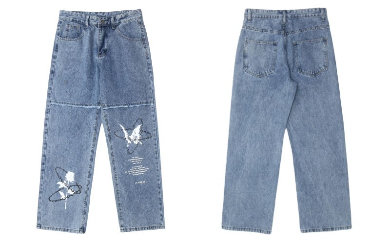 GONTHWID Denim Hosen Kette Rose Schmetterling drucken ausgebeult Jeans Streetwear Herren Hüfte hüpfen Harajuku lässig verlieren Schlauch Schwarz: Blau / S
