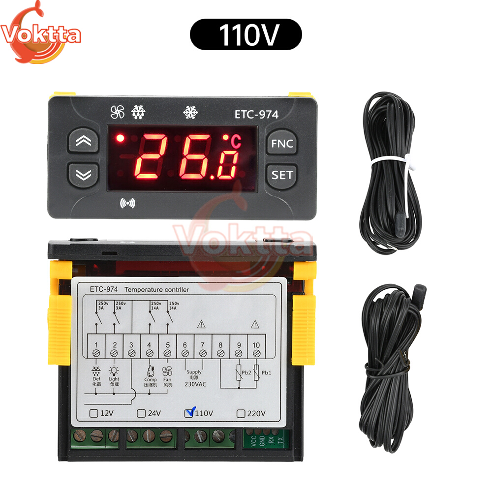 regulator temperatury cyfrowy ETC-974 Termometr Chłodziarka Sterowanie Chłodzeniem Termoregulator DC 12V DC 24V AC 110V AC 220V: Srebrny