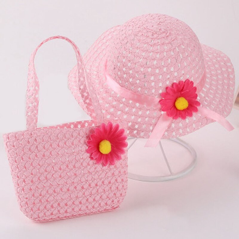 1 sæt sommer håndtaske hat halmvævet panama piger børn håndlavede blomsterbånd tasker mini blomstret crossbody taske