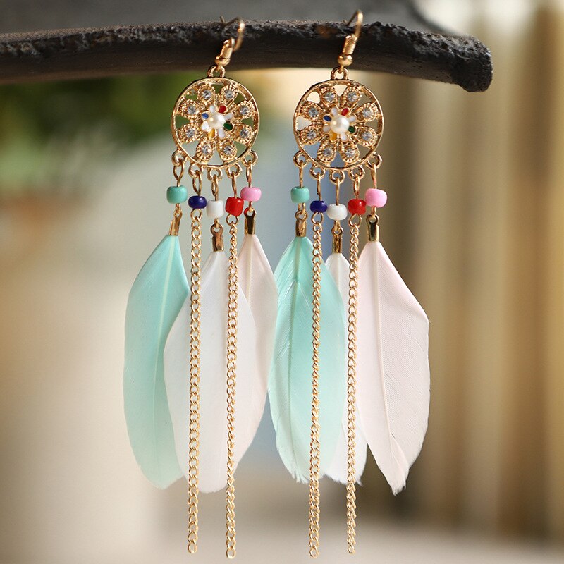 Bohemian Woven Dream Catcher Feather Dangle Earrings for Woman Trendy Boho Long Tassel Earring Wedding Jewelry: E1459-Colorful