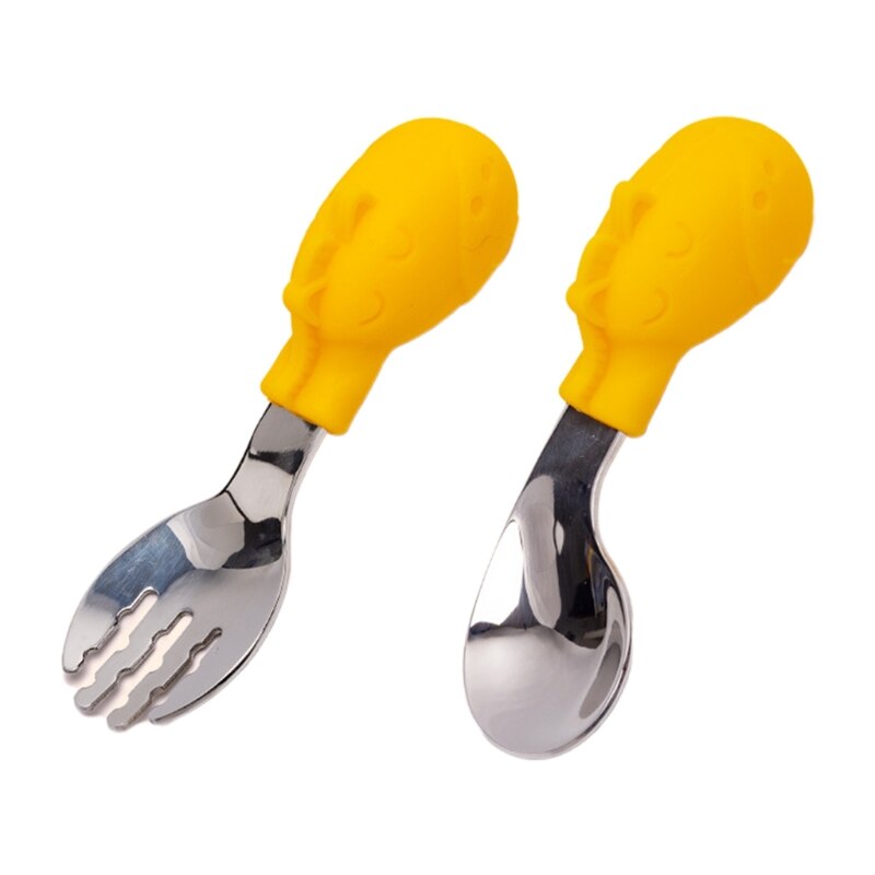 2 piezas de utensilios de acero inoxidable, conjunto de cubiertos, tenedor y cuchara para niños pequeños: Yellow zebra
