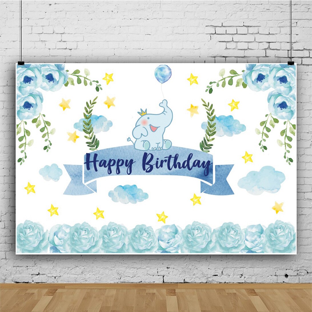 Blue Flowers and Elephant Birthday Backdrop Photography Background Photo Booth Studio Decor