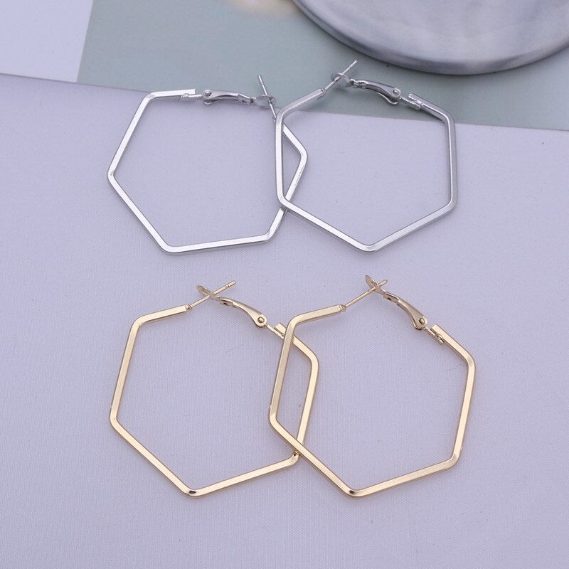 Pendientes de aro hexagonales geométricos para mujer, aretes de aleación de Metal, oro rosa, estilo Punk, 3 colores