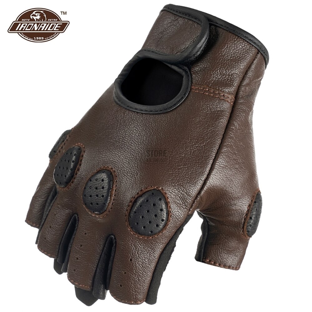 Breathable Fingerless Gloves Summer Motorcycle Gloves Sheepskin Motocross Gloves Retro Moto Motorbiker Guantes Moto: B03 Summer Gloves-BR / M