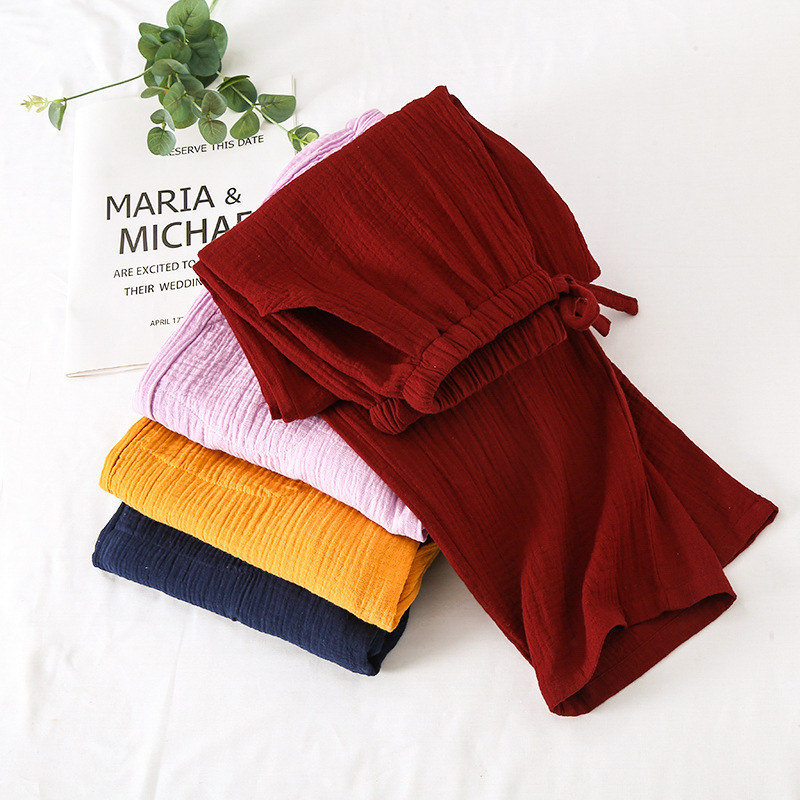 Japanese 100% Crepe Cotton Loose Casual Trousers Solid Color Pants Women's Spring And Summer Double Gauze Home Pants