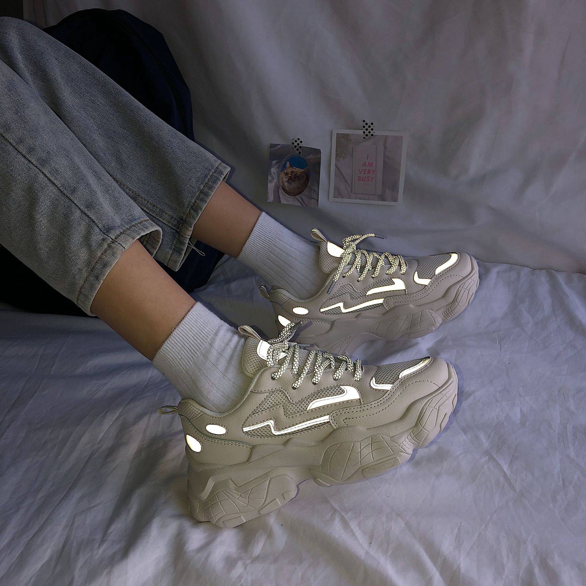 Baskets réfléchissantes femmes maille respirant plate-forme talons compensés chaussures à lacets vulcaniser chaussures femme sport chaussures plates papa chaussures