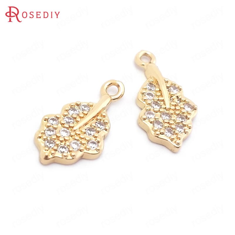 (38536)10PCS 8x15MM 24K Champagne Gold Color Brass and Zircon Tree Leaf Leaves Charms Pendants Jewelry Making Supplies Findings