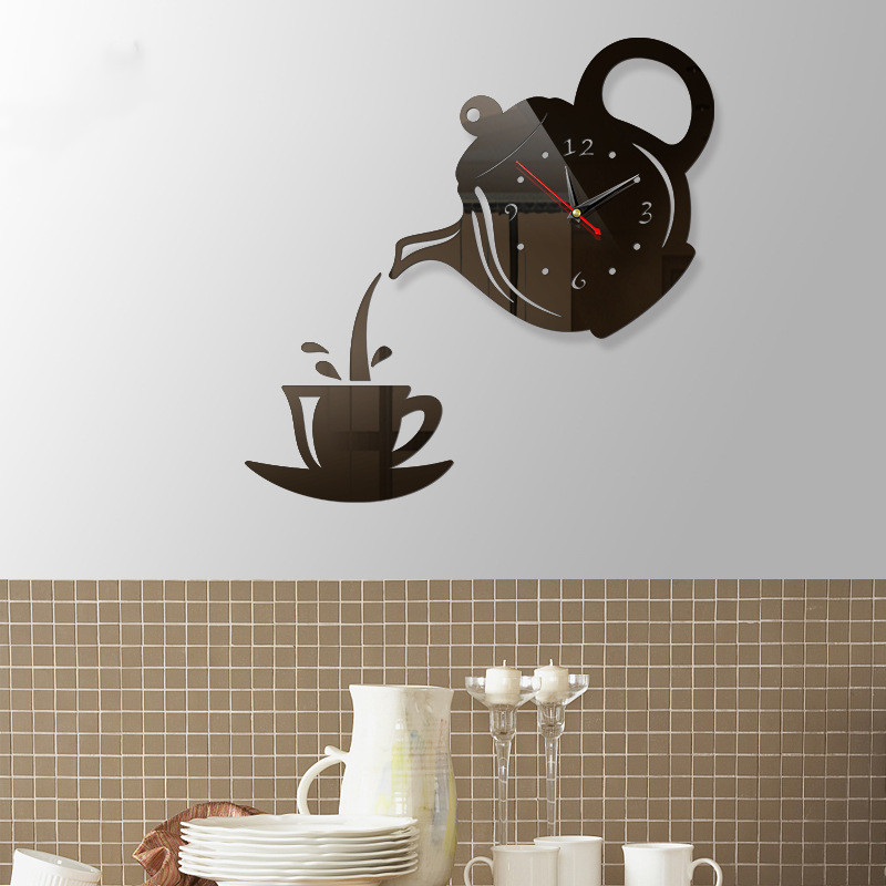 3D Diy Theepot Vorm Wandklok Acryl Spiegel Klok Moderne Keuken Home Decor Muursticker Holle Digitale Klok