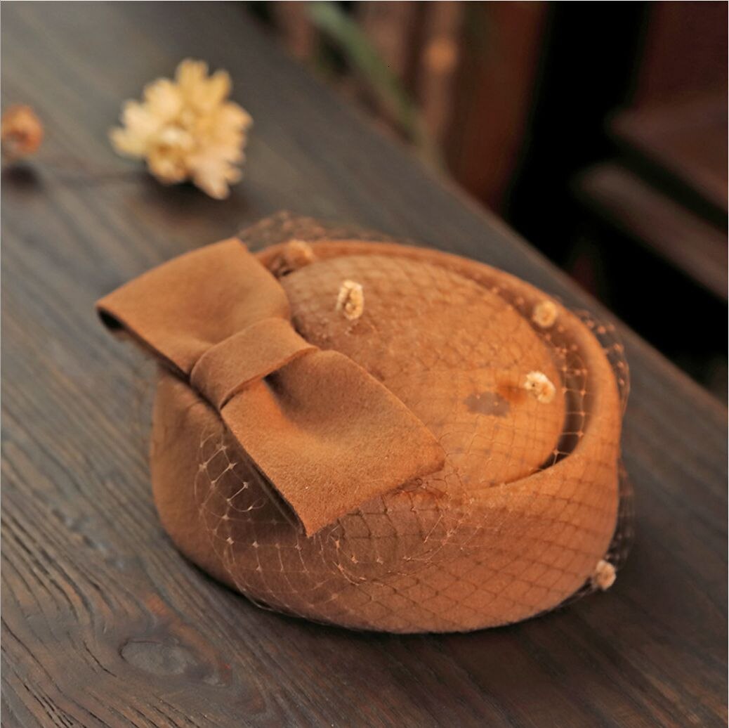 Bride Wedding Chic Veil Fascinator Hat Cocktail Wedding Party Church Headpiece kentucky Headwear 100% Wool Felt Beret Cap: camel
