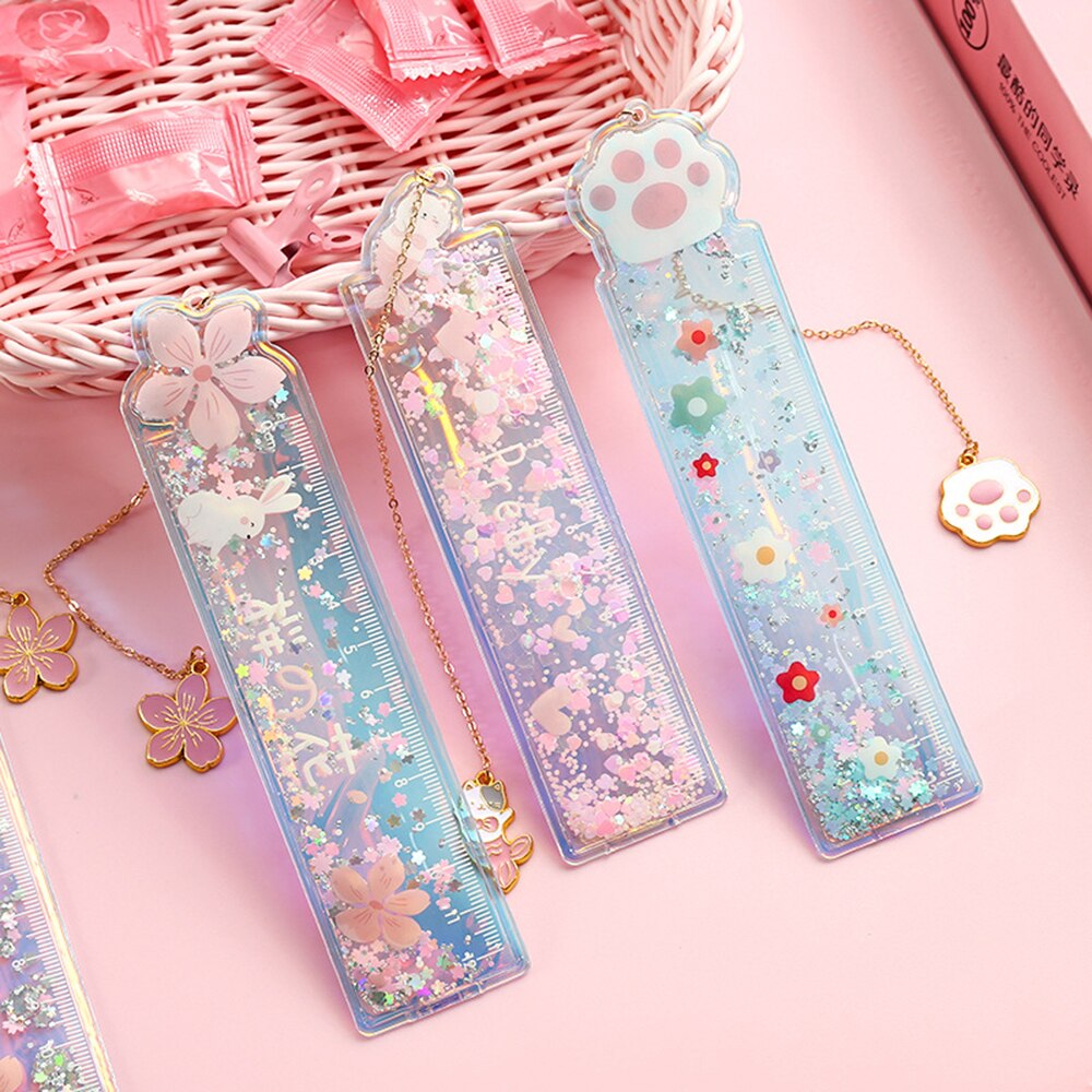 Cartoon Bookmark Drawing Ruler Cherry Flower Quicksand Plastic Ruler Measuring Straight Ruler Stationery Girl