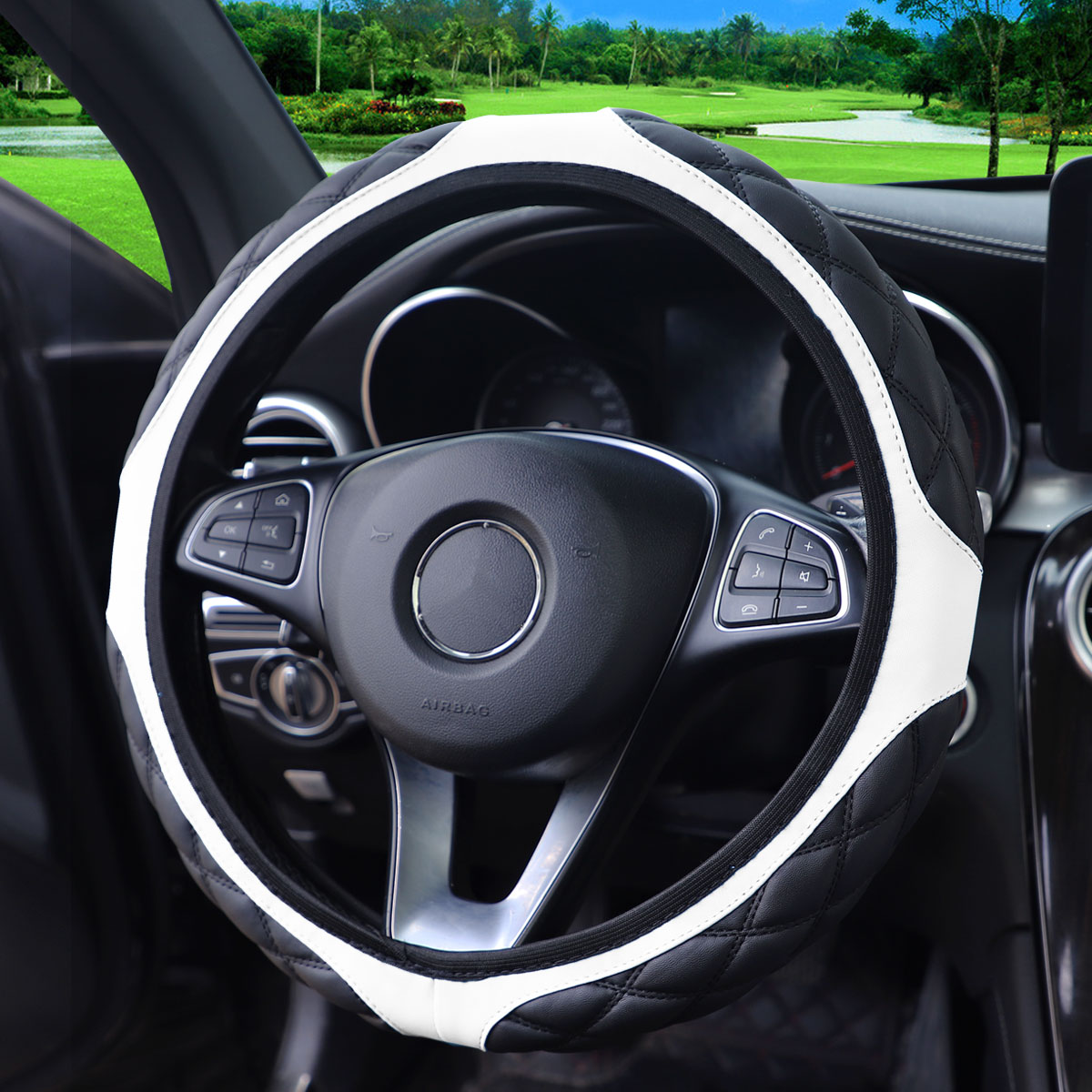 1 Leder-Stereo-Lenkradbezug mit Stickerei, bequem, rutschfest, ohne Innenring für 14,1-15-Zoll-Autos: Weiß