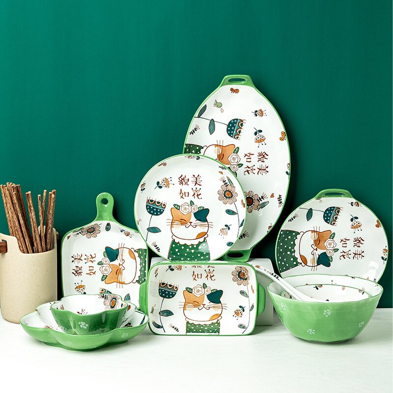 Hand Painted Cartoon Dinner Plate Family Lovely Children's Bowl Single Rice Bowl Vegetable Plate Japanese Bowl Dish Tableware