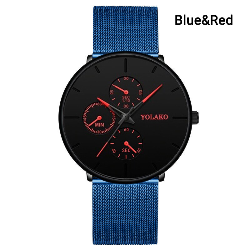 Elegante Heren Horloge Business Blue Rvs Mesh Riem Quartz Horloge Luxe Mannen Ultra Dunne Ongedwongen Klassieke Horloges: Blue Red