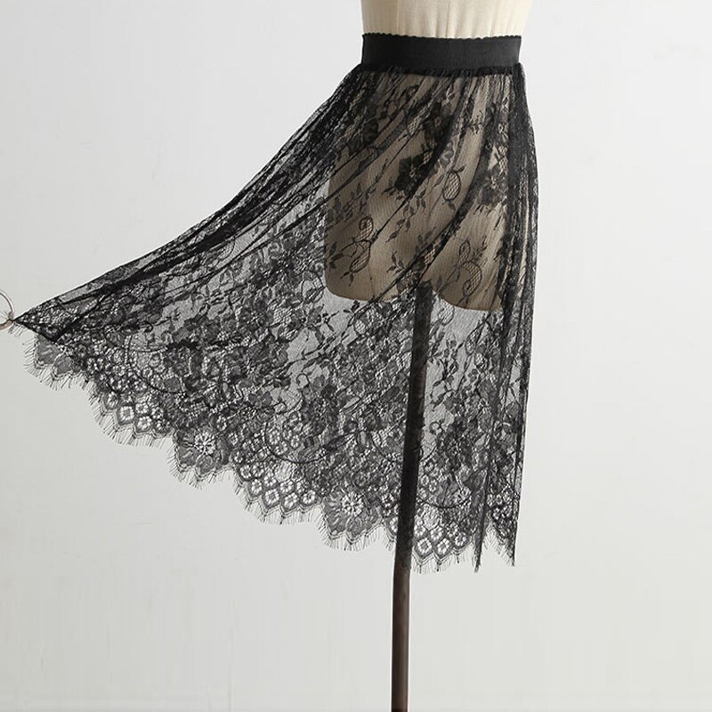 Summer Women Mesh Lace Skirts Women Casual Tulle Skirt High Waist Elastic Transparent Asymmetry black Skirt Overskirt: N2 Black