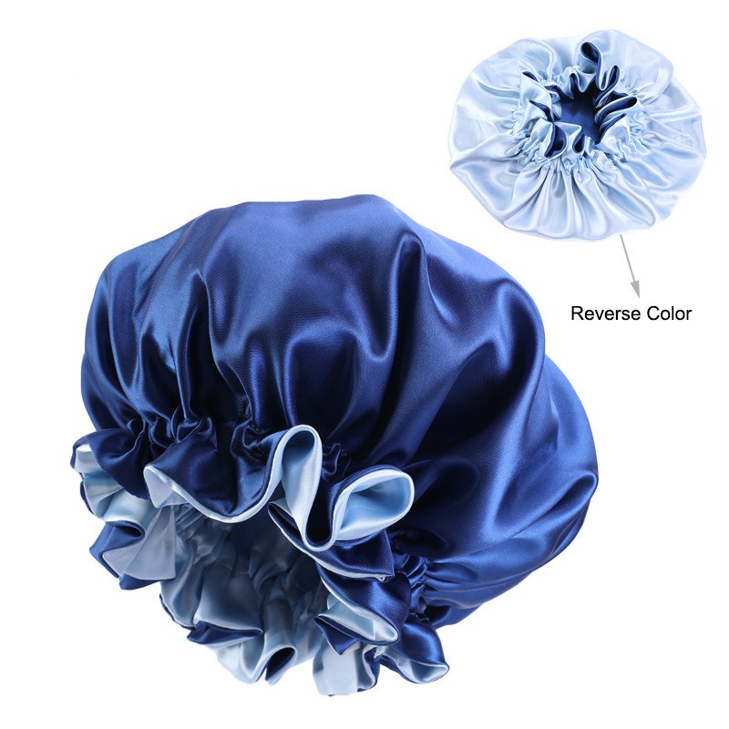 Ekstra stor satin silke motorhjelm sovekappe soild farve kemoterapi bruserhætter premium elastikbånd hatte satinhuer: Safir