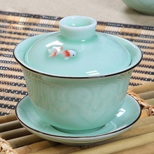 Chinese Celadon fish gai wan tea set,Bone China Tea cup Dehua gaiwan tea porcelain teacup tea set for kettle
