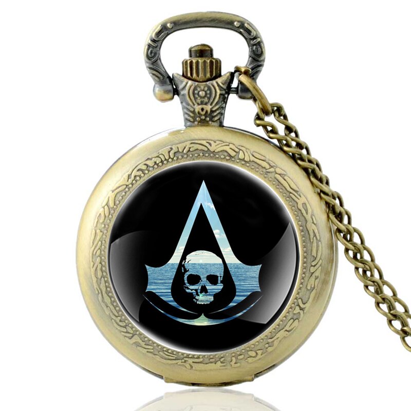 Reloj de bolsillo Vintage para hombre y mujer, pulsera de cuarzo con cabujón de cristal y calavera Assassin, a la , con colgante, para: Bronze