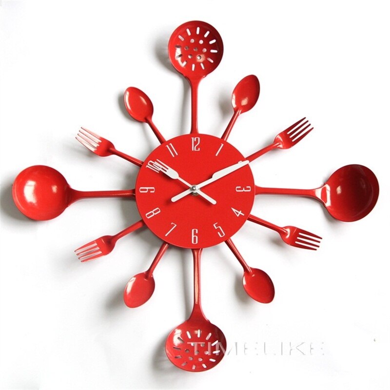 Cutlery Kitchen Clock Wall Copper Metal Spoon Fork Wall Decor Clocks Modern Art Horloge 3d Wall Clock 2022: red