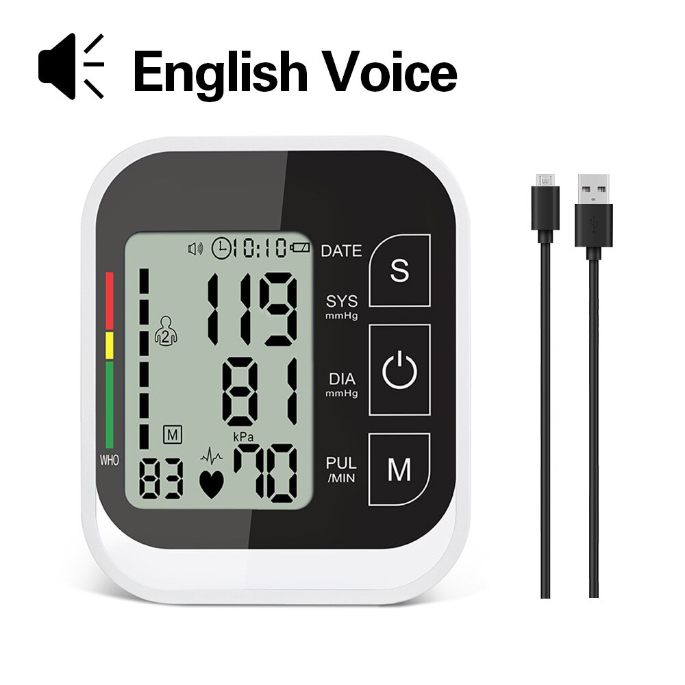 OLIECO USB Monitor automático de presión arterial brazo medidor de pulso Digital tonómetro LCD esfigmomanómetro 2 Persona memoria voz en Inglés: Black backlight