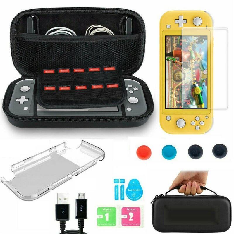 Novo 6 em 1 jogo acessório conjunto preto cinza para interruptor lite bolsa de transporte + capa de concha de silicone + vidro temperado protetor casos: Black