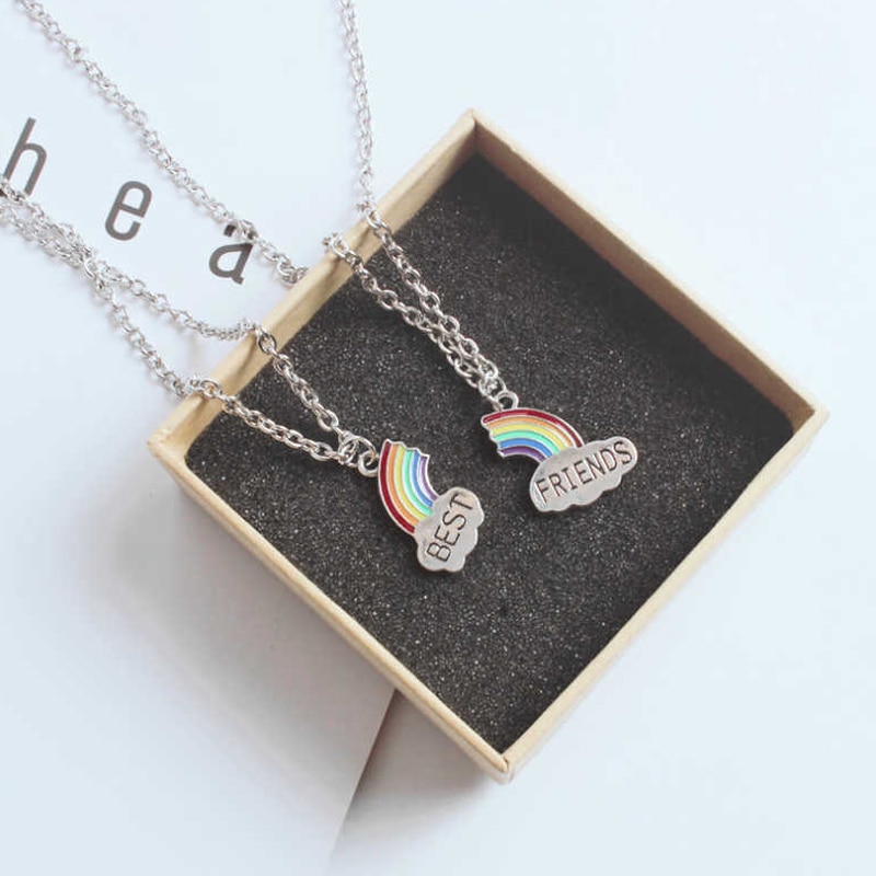 2 Stks/set Mode Beste Vriend Stiksels Hanger Ketting Voor Vrouwelijke Gebroken Hart Rainbow Vriendschap Choker Collier