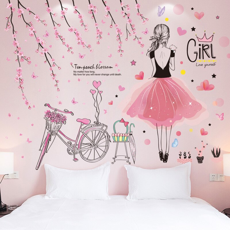 [shijuekongjian] körsbärsblommor cykelväggklistermärken diy tecknad flicka mura dekaler för hus vardagsrum barn sovrum dekoration: Blomma och flicka 1