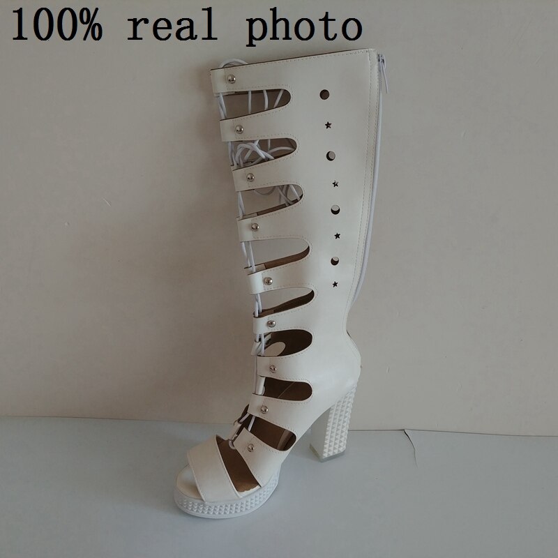 Reave kat dame & #39 ;s sommerstøvler dame platform firkantet højhælet gladiator kryds bundet peep toe stor størrelse sort hvid  a700