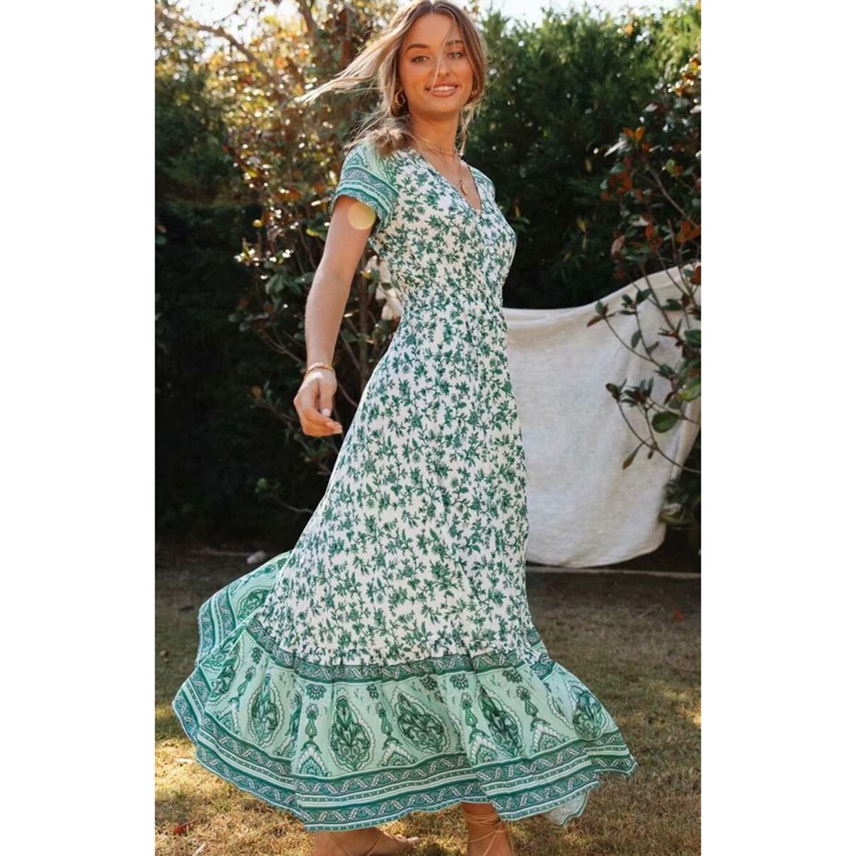 Bloemen Gedrukt Hippie Maxi Jurk Korte Mouwen V-hals Vintage Vestidos Zomer Beach Boho Casual Kleding lange Vrouwen Jurken