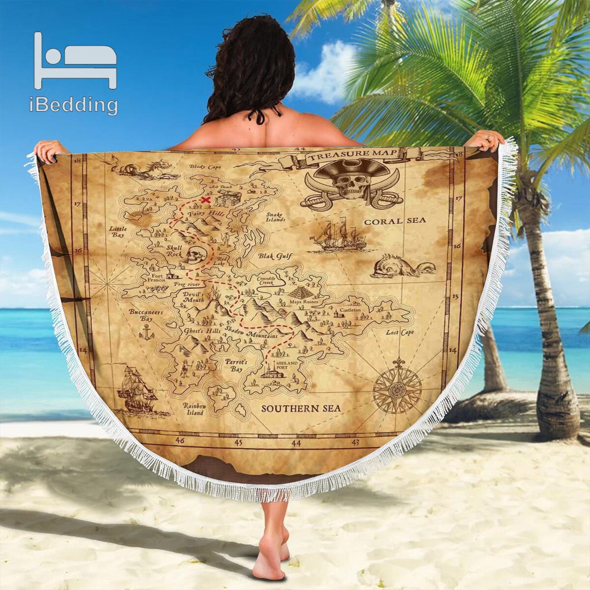 3D Vintage Monde L'île Carte du Monde Couverture de Plage En Microfibre Imprimé 150cm Serviette de Plage Ronde avec Des Glands POD Directe: 2021042437