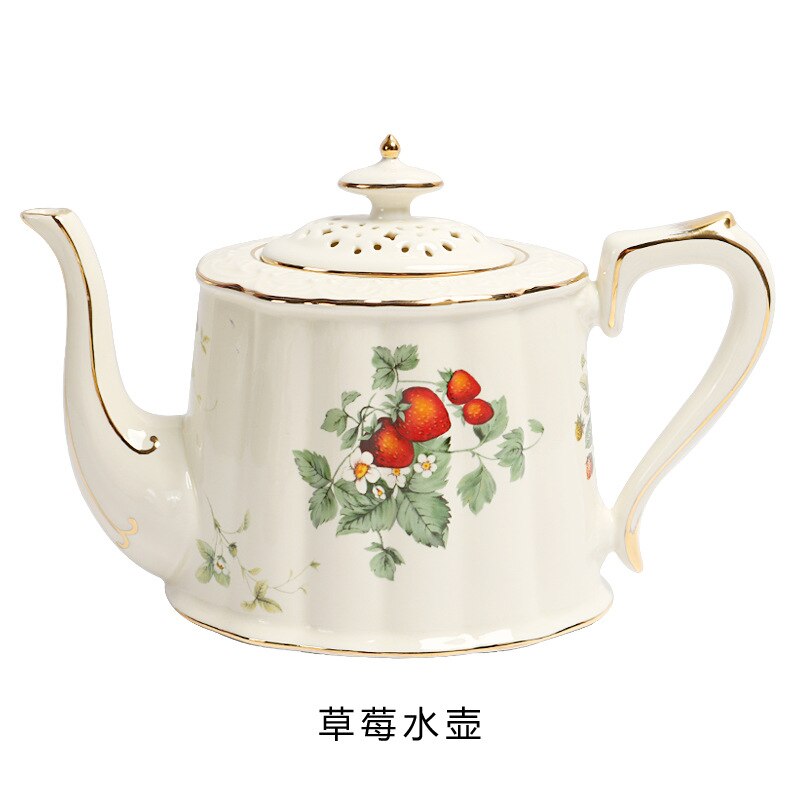 European Coffee Cup and Plate Set Ceramic British Gold Rim Teaware French Fancy Restaurant Afternoon Tea Cup with Saucer Spoon: Strawberry 1 Pot